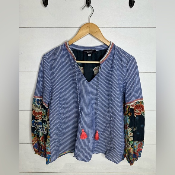 Johnny Was Tops - **SOLD**Johnny Was Workshop Boho Peasant Blouse XS Striped Floral Silk Contrast